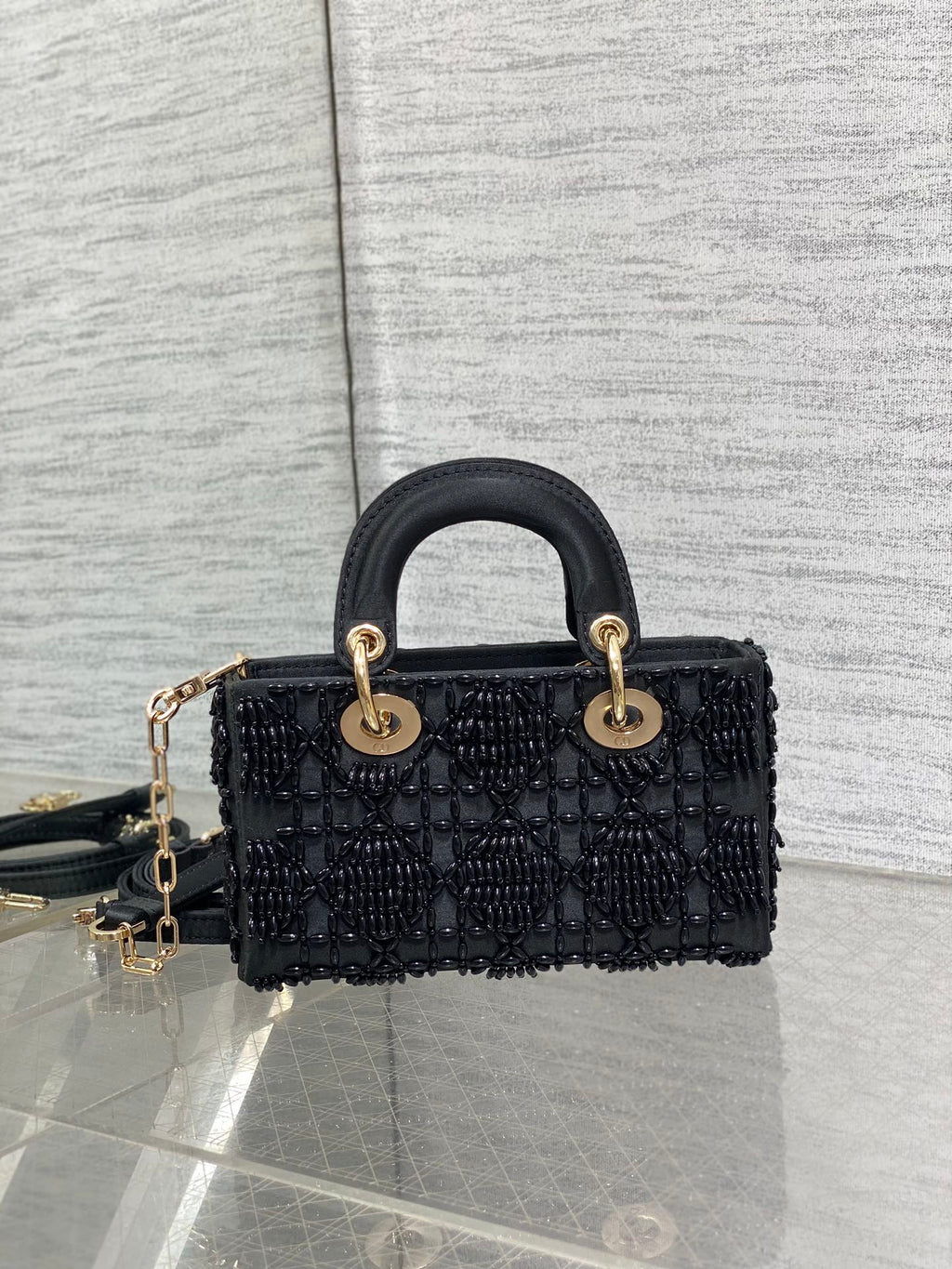 DIOR MINI LADY BAG 16 IN BLACK SATIN AND CALFSKIN WITH BEADED DESIGN