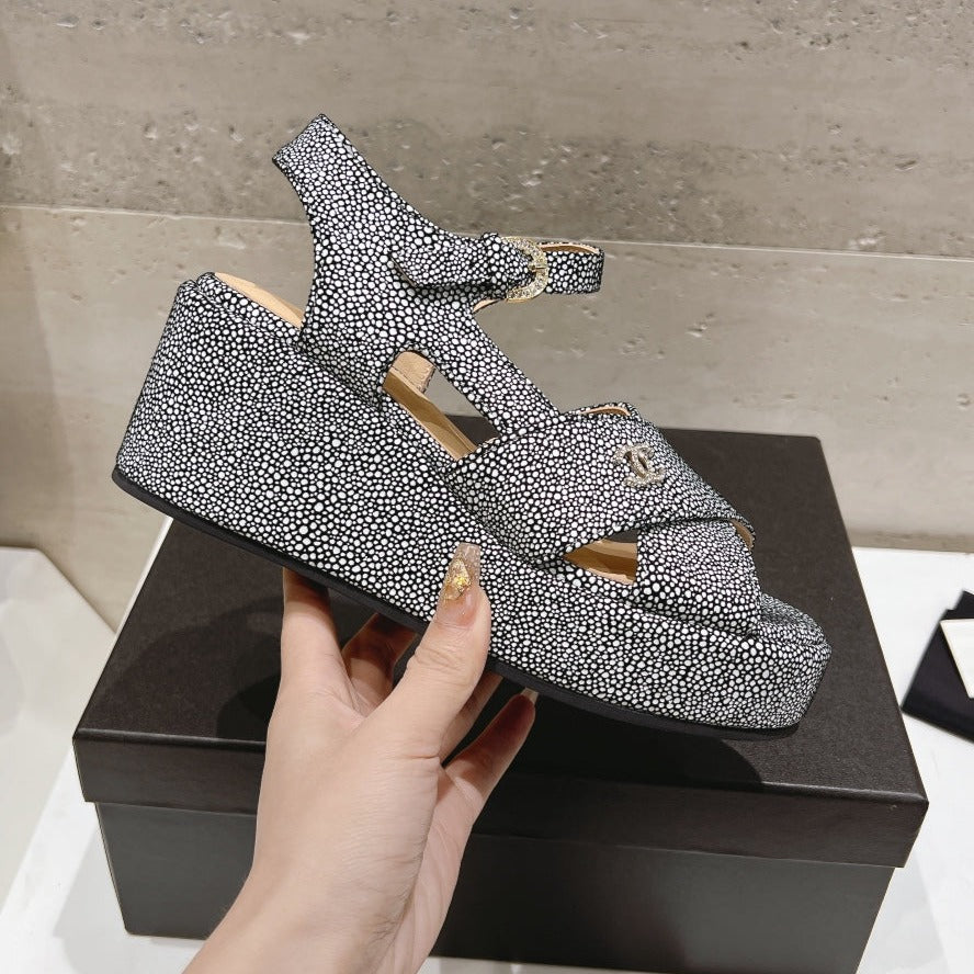 CHANEL Wedge Open-Toe High Heel Sandals Slate Gray Sheepskin