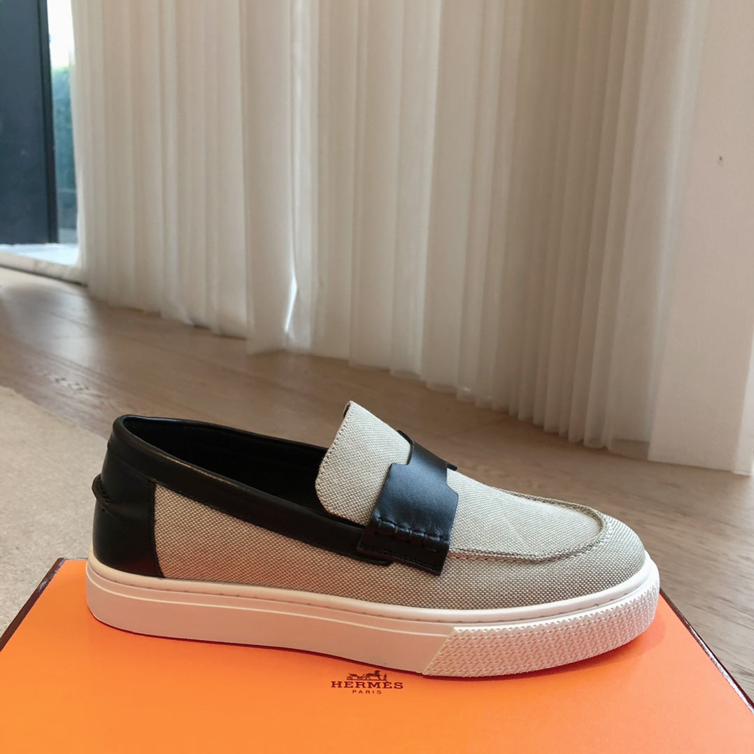 HERMES JOB LOAFER LIGHT GRAY MIX BLACK CALFSKIN