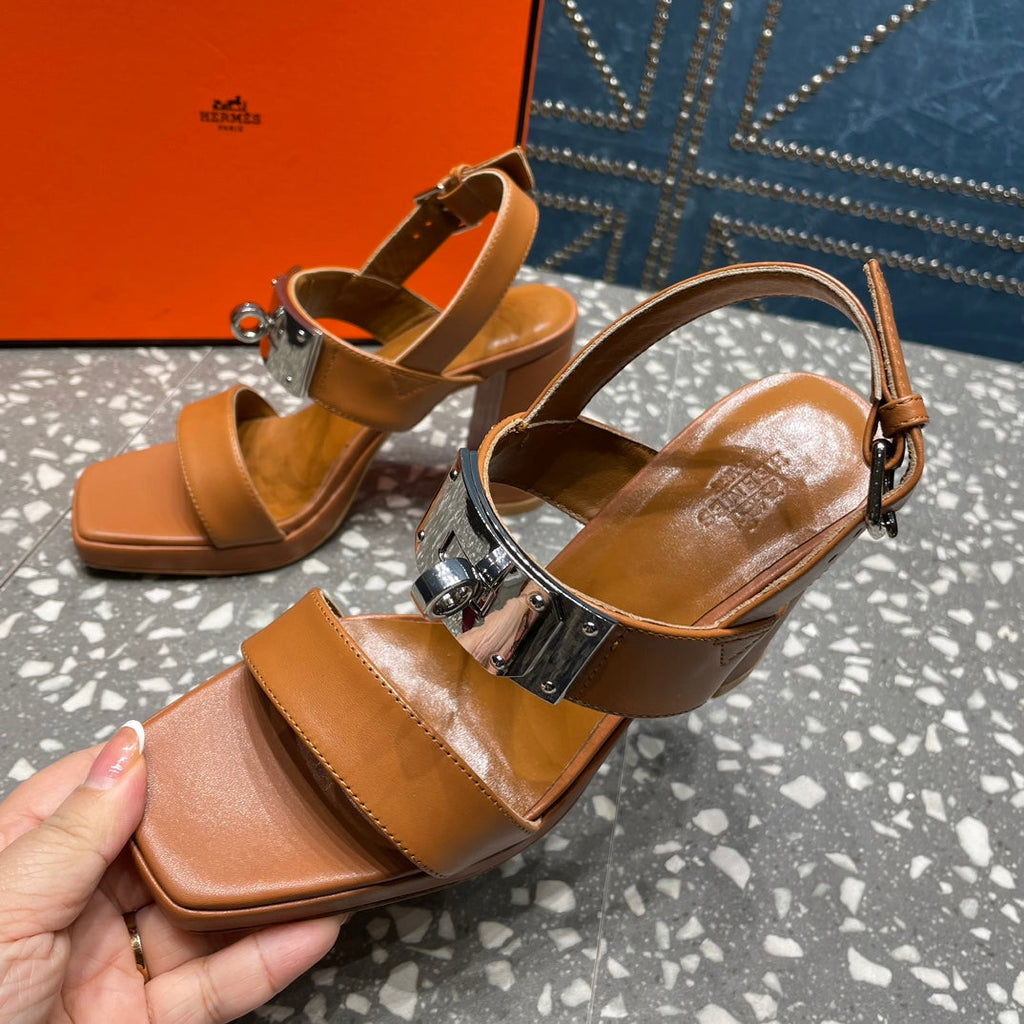 HERMES ILONA SANDAL 95 CARAMEL CALFSKIN