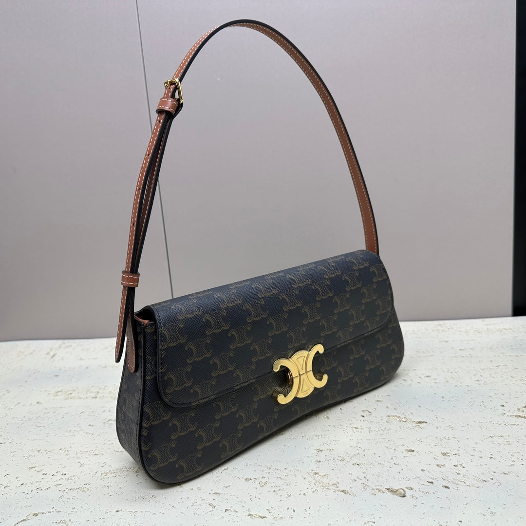 CELINE LOLA BAGUETTE BAG 28 IN DARK BROWN MONOGRAM CANVAS AND CALFSKIN