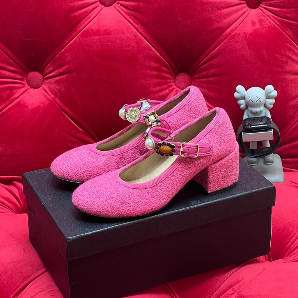 CHANEL HIGH MARY JANE SHOES HOT PINK WOOL TWEED
