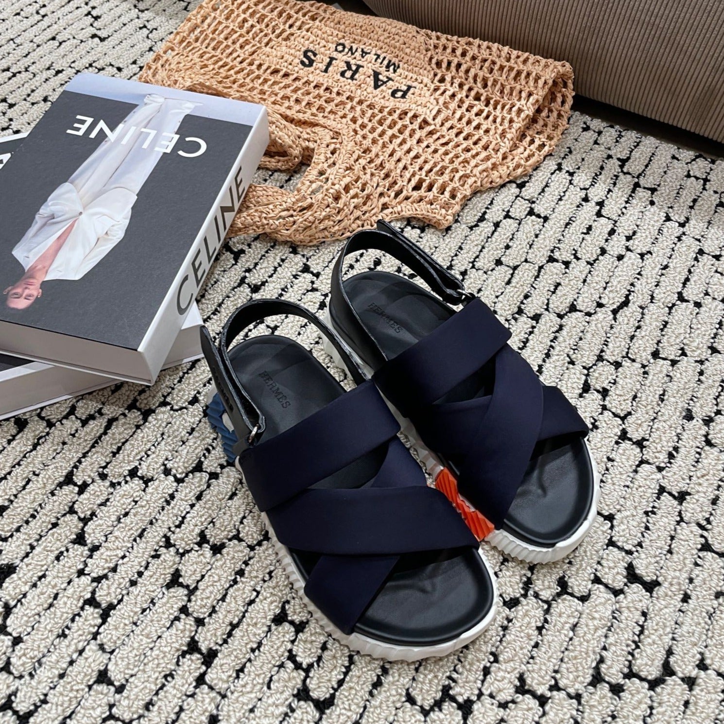 HERMES ELECTRIC SANDAL BLACK MIX CHARCOAL BLACK CALFSKIN