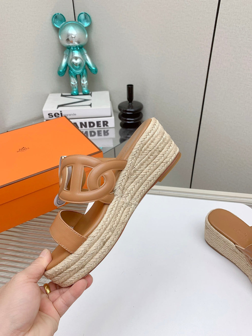 HERMES ITHEA 85 MM ESPADRILLE IN BRONZE BROWN CALFSKIN