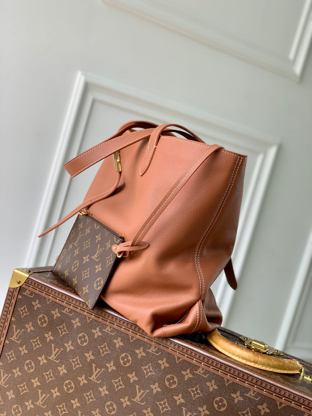 LOUIS VUITTON LOW KEY CABAS MM BAG 47 IN TAWNY BROWN GRAINED CALFSKIN