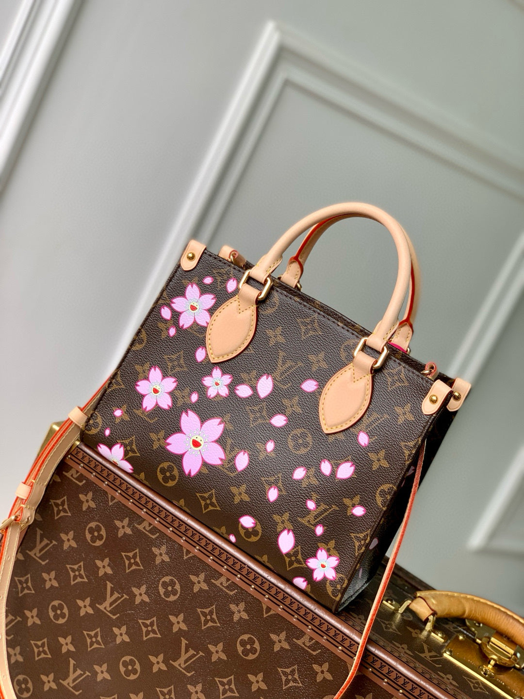 LOUIS VUITTON ONTHEGO PM CHERRY BLOSSOM IN SAKURA BROWN MONOGRAM COATED CANVAS
