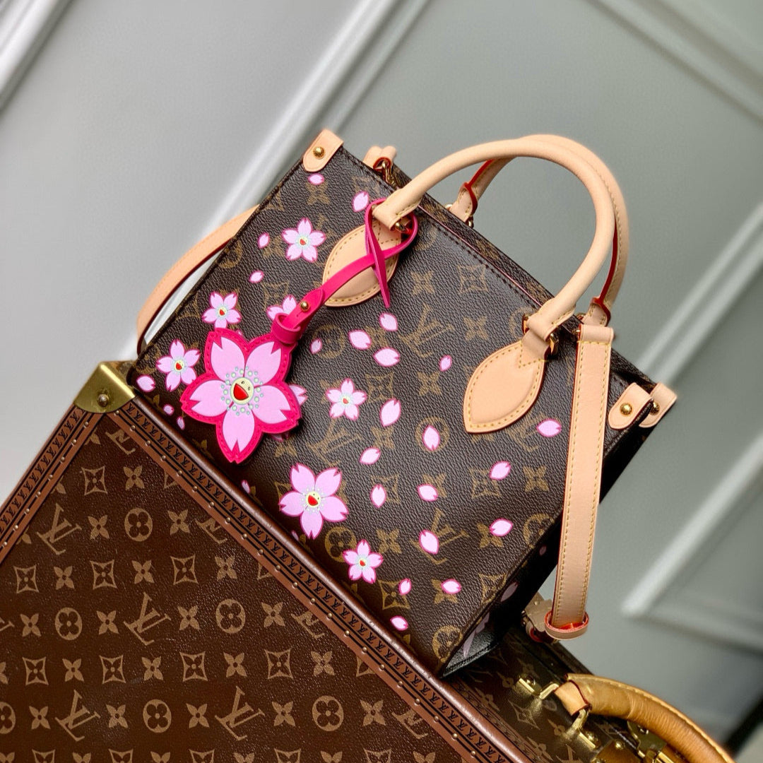 LOUIS VUITTON ONTHEGO PM CHERRY BLOSSOM IN SAKURA BROWN MONOGRAM COATED CANVAS