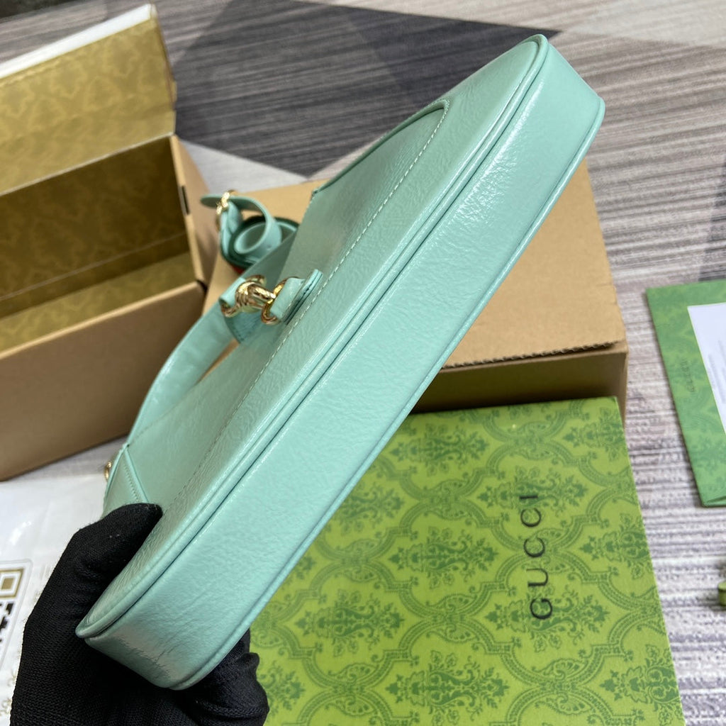 GUCCI JACKIE SMALL SHOULDER BAG 27 IN MINT GREEN CRACKED LACQUER CALFSKIN GOLD HARDWARE