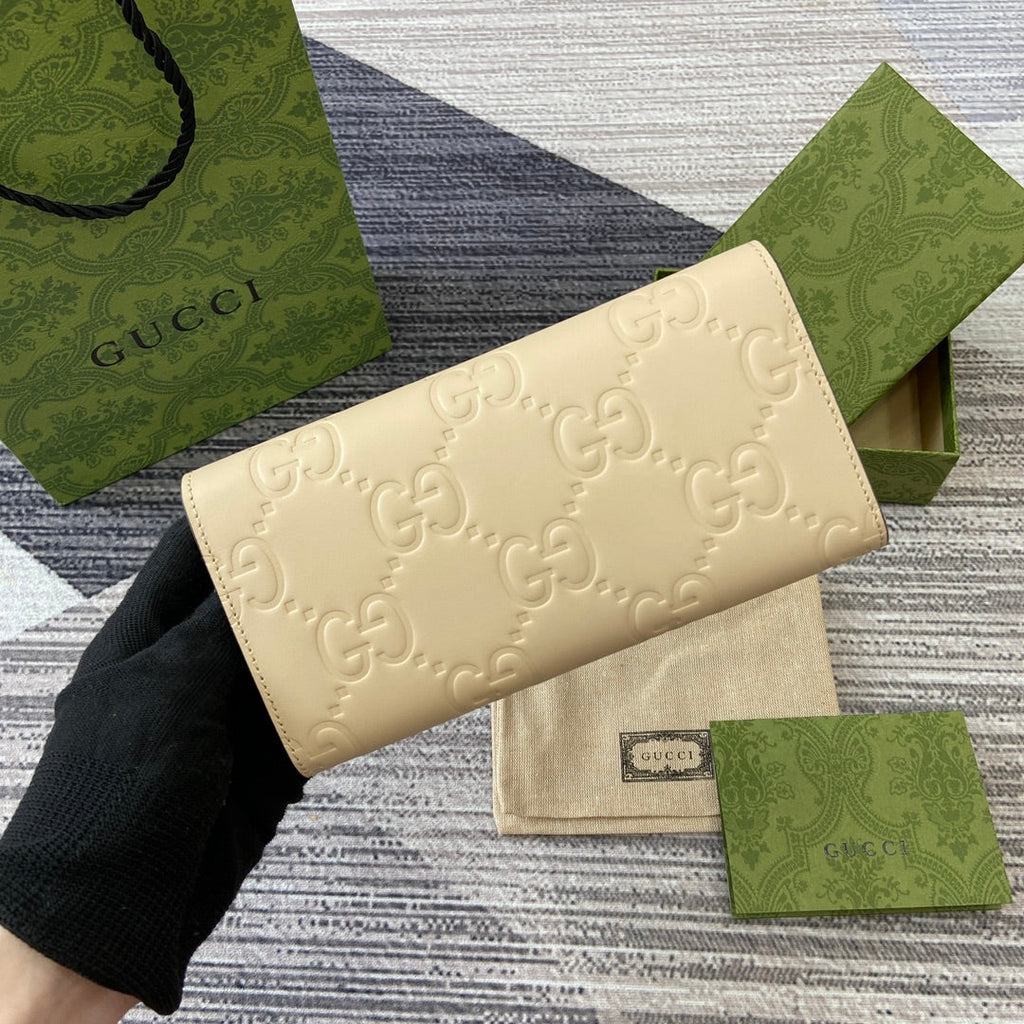 GUCCI CONTINENTAL WALLET 19 IN LIGHT YELLOW EMBOSSED CALFSKIN GOLD HARDWARE