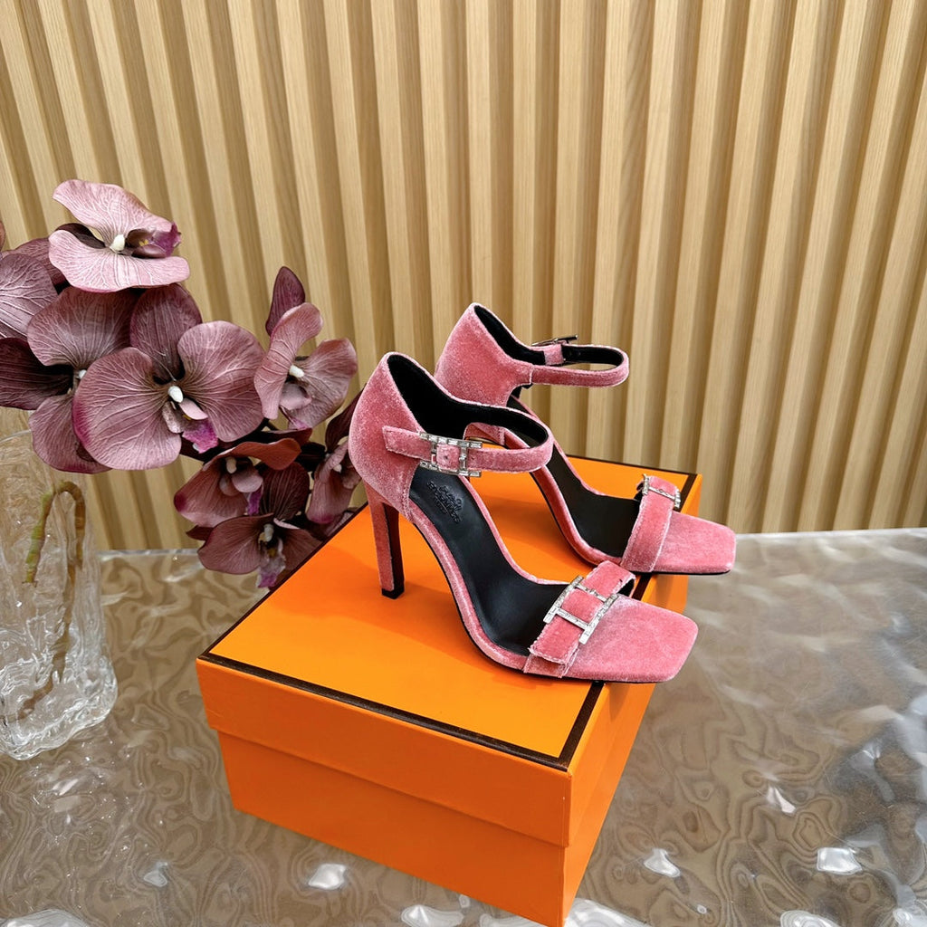 HERMES JULY SANDAL 105 MM IN ROUGE PINK VELVET