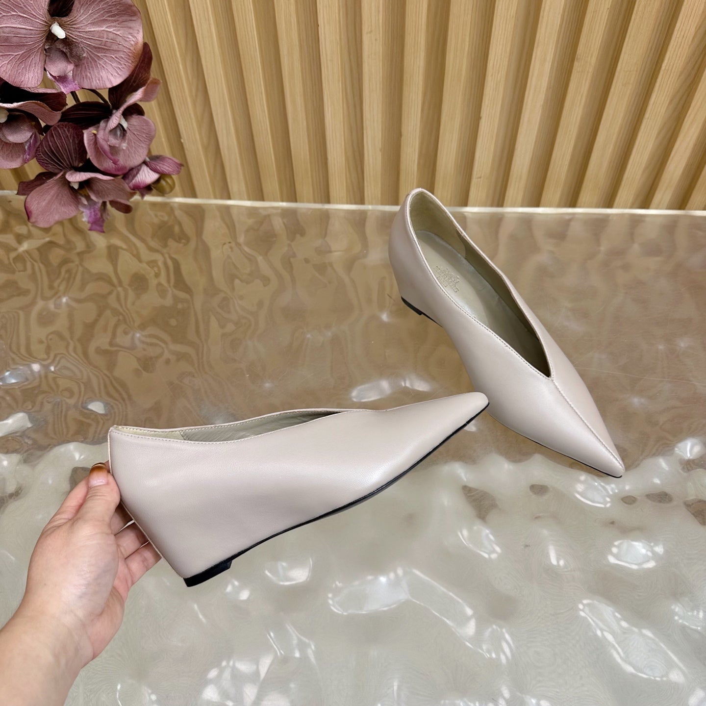 HERMES 25S HIGH-HEEL WEDGE SHOES 50 MM IN PALE PINK BEIGE LAMBSKIN