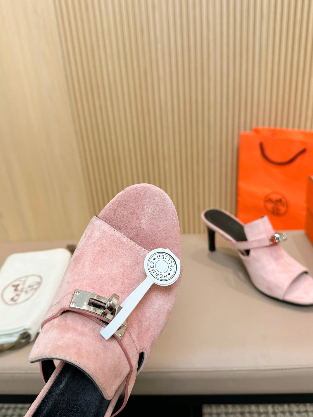 HERMES HEDEN MULE 80 LIGHT PINK SUEDE