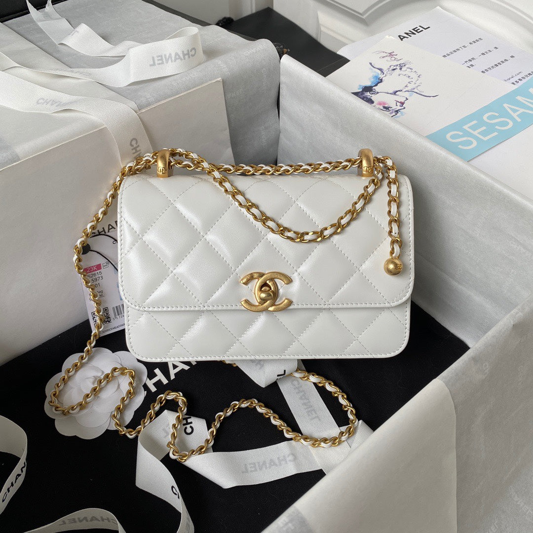 CHANEL MINI FLAP BAG 19 IN WHITE CALFSKIN WITH DOUBLE GOLD BALL