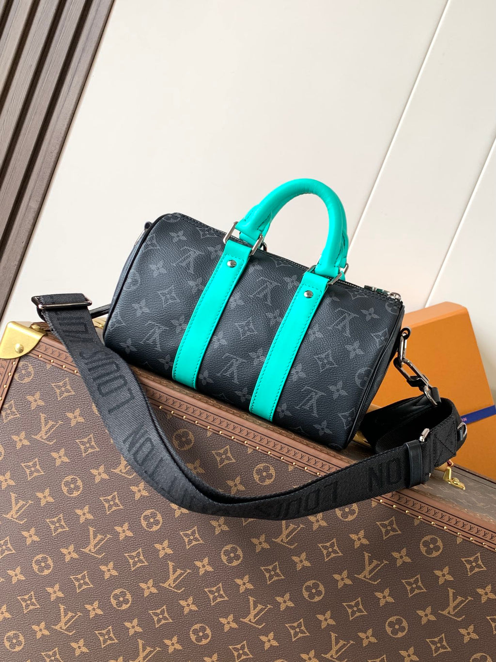 LOUIS VUITTON LV 25S KEEPALL 25 WITH SHOULDER STRAP IN BLACK AQUA COATED MONOGRAM ECLIPSE CANVAS AND CALFSKIN