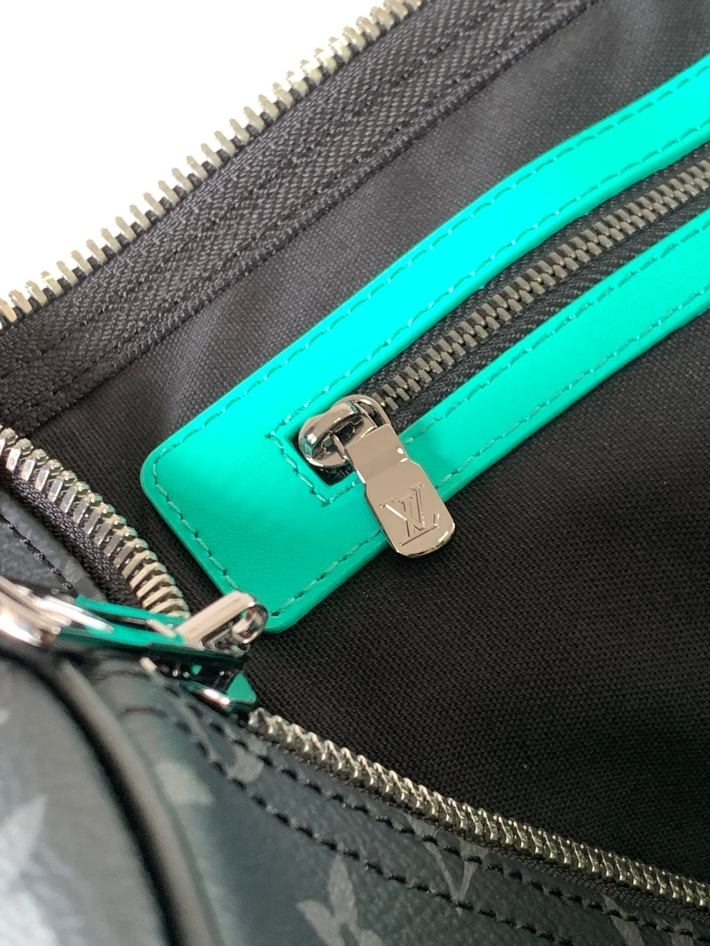LOUIS VUITTON LV 25S KEEPALL 50 WITH SHOULDER STRAP IN BLACK AQUA COATED MONOGRAM ECLIPSE CANVAS AND CALFSKIN