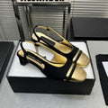 CHANEL slingback black suede gold metalic lambskin square toe 5.0