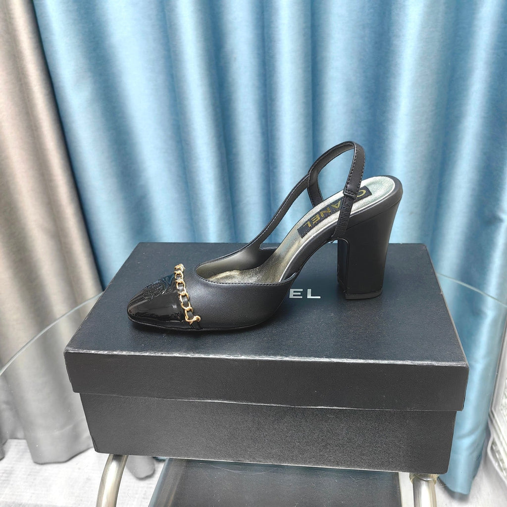 CHANEL HIGH SLINGBACKS IN BLACK LAMBSKIN