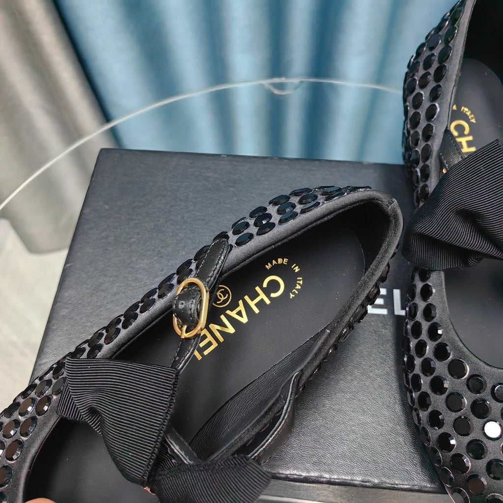 CHANEL HIGH MARY JANE BOW RHINESTONE BLACK SILK