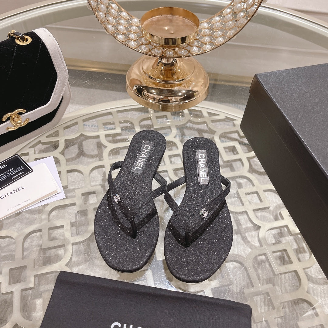 CHANEL Double  Rhinestone Flip  Flop Thongs Black Sheepskin