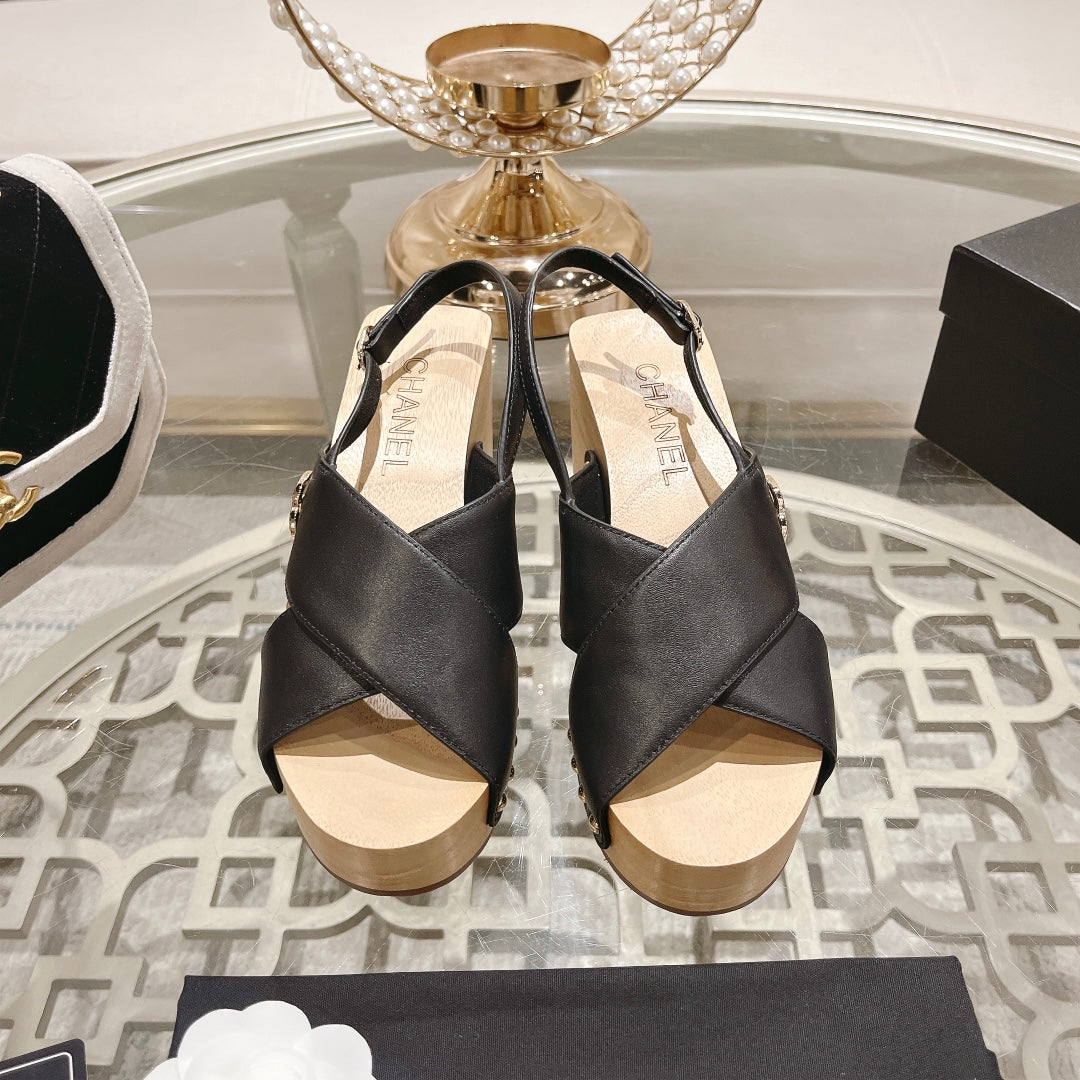 CHANEL Double   Wood Grain Platform Sandals Black Sheepskeen