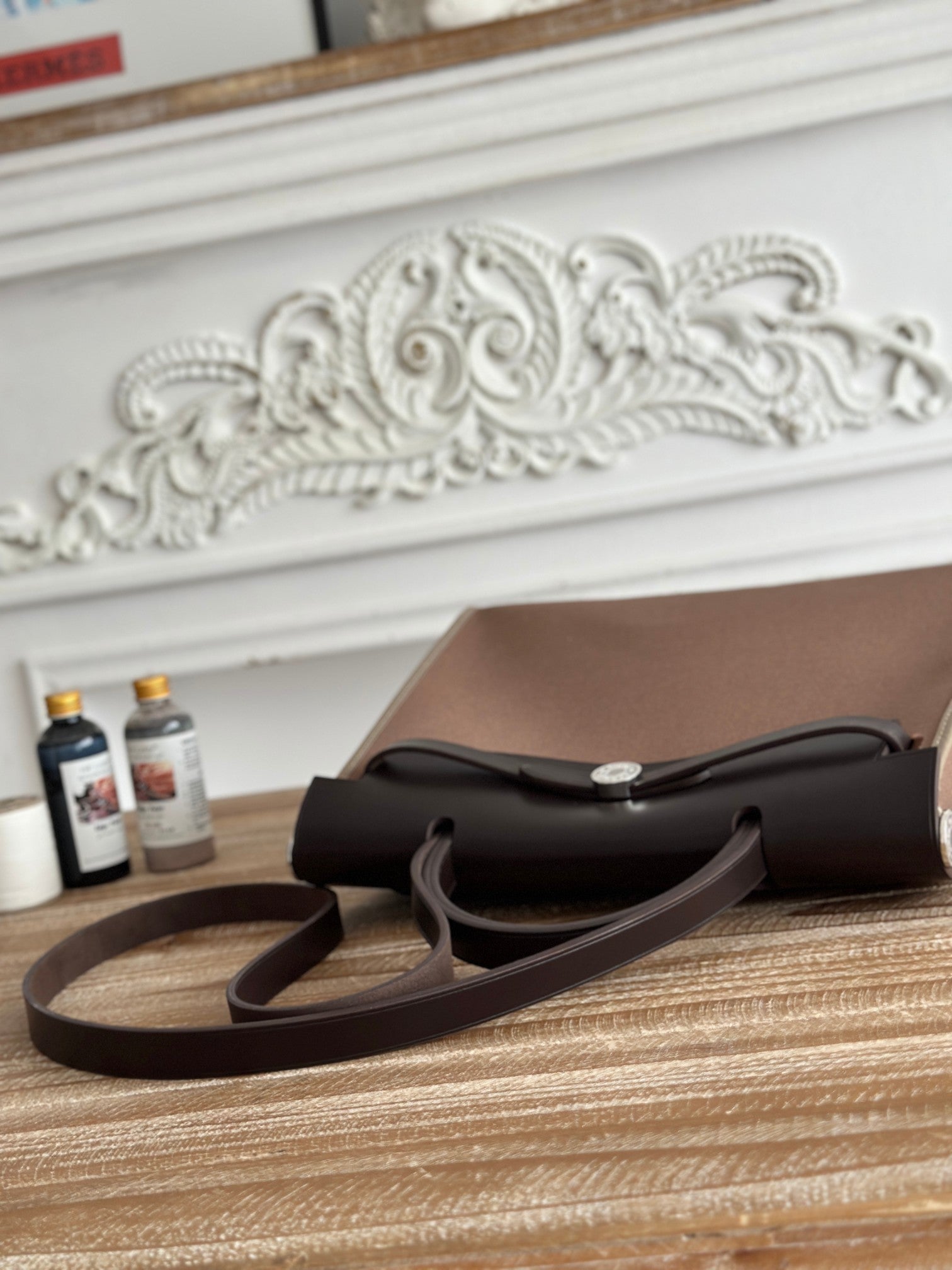 HERMES ZIP CABINE 31 BAG IN CHOCOLATE BROWN CANVAS AND BLACK CALFSKIN