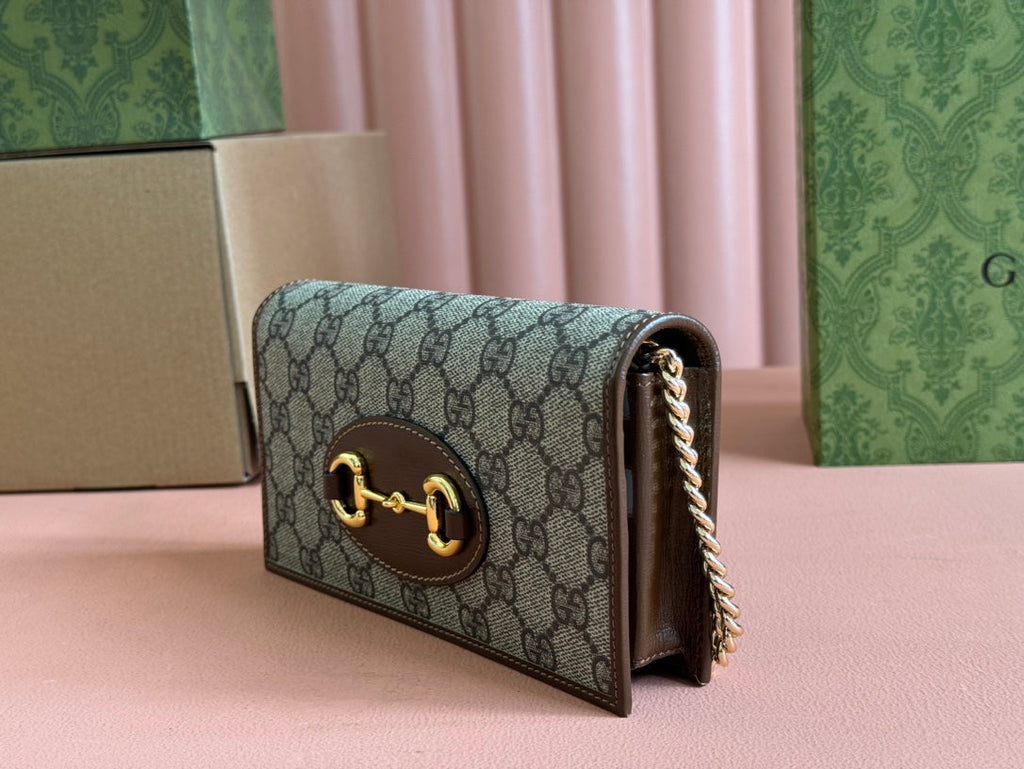 GUCCI HORSEBIT 1955 WALLET IN BEIGE EBONY CANVAS MIX BROWN CALFSKIN GOLD CHAIN
