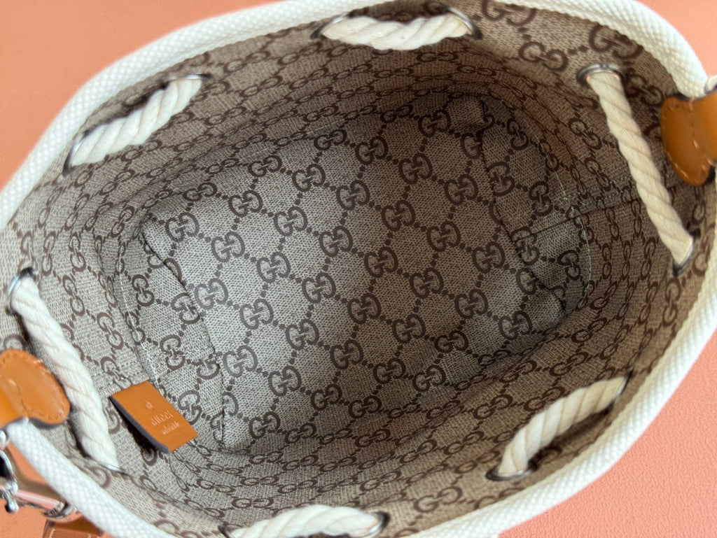 GUCCI SMALL DRAWSTRING SHOULDER BAG 21 IN WHITE CANVAS BROWN CALFSKIN