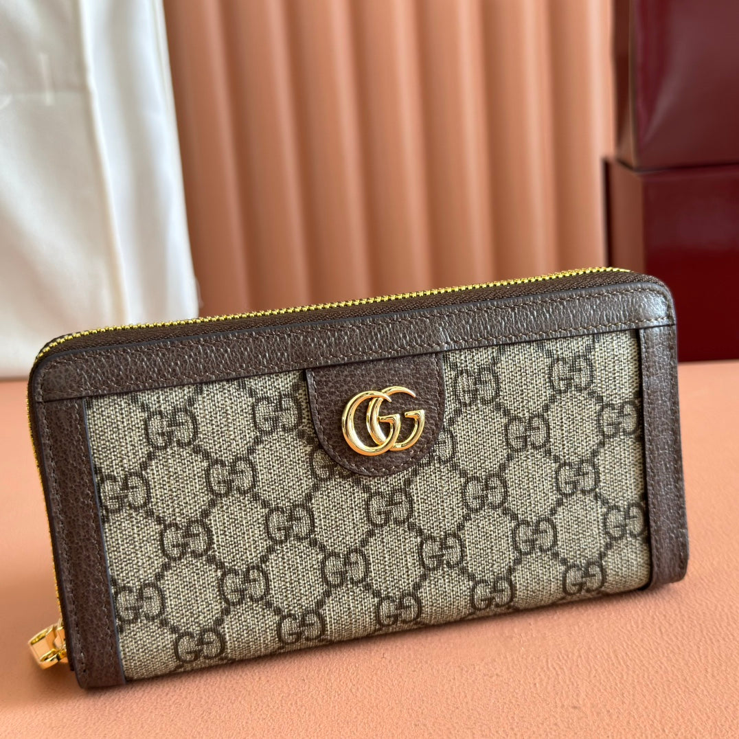 GUCCI OPHIDIA WALLET 19 IN BEIGE AND DARK BROWN COATED FABRIC AND CALFSKIN