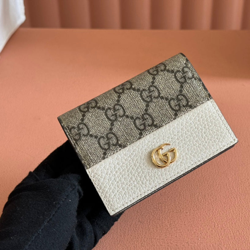 GUCCI MARMONT BI-COLOUR CARD CASE WALLET 11 IN BEIGE EBONY  CANVAS WHITE CALFSKIN