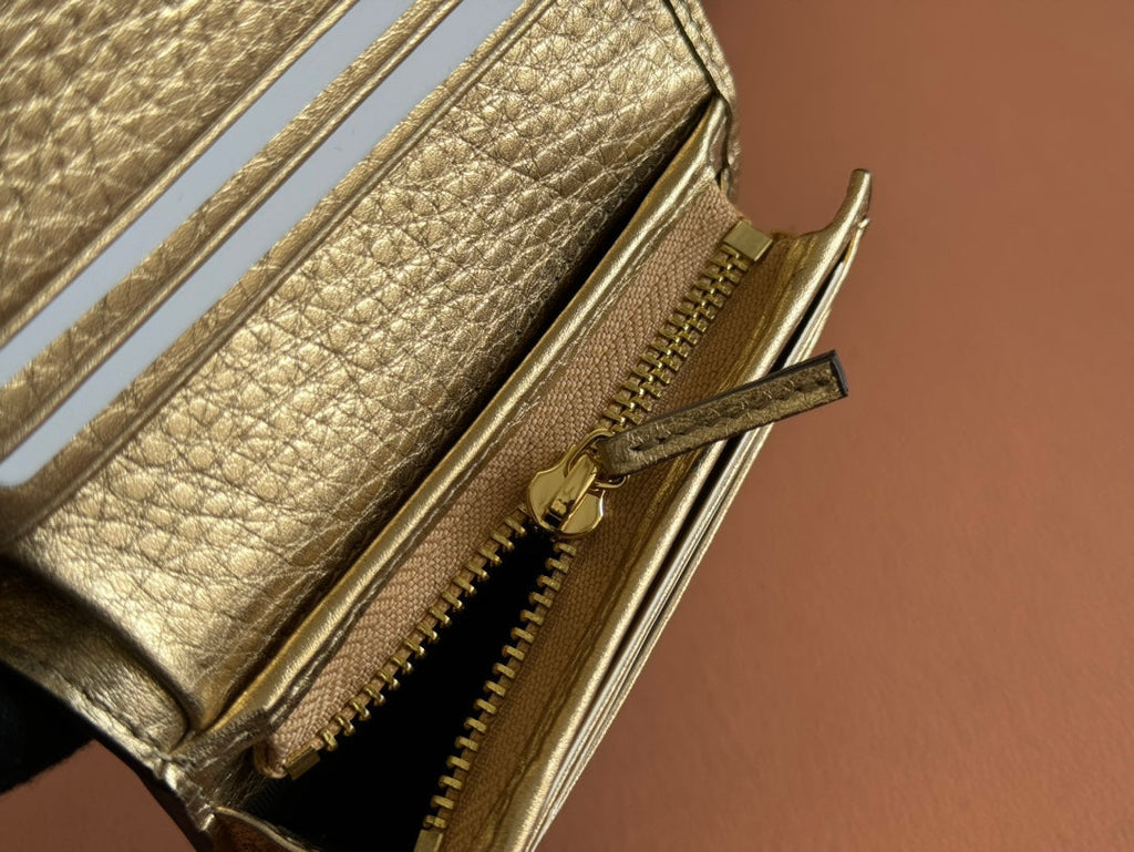 GUCCI MARMONT BI-COLOUR CARD CASE WALLET 11 IN BEIGE EBONY  CANVAS GOLD GLOSSY CALFSKIN