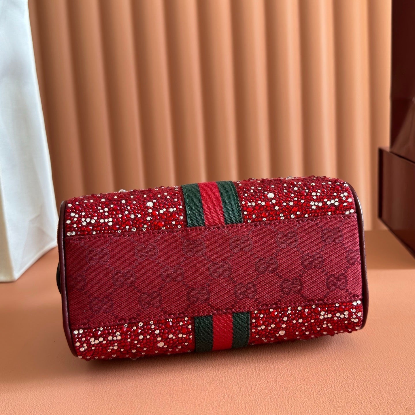 GUCCI 26S OPHIDIA BOSTON BAG 21 IN DARK RED CANVAS EMBELLISHED WITH RHINESTONES