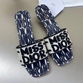 DIOR DWAY HEELED SLIDE EMBROIDERED COTTON AND NAVY BLUE MISS  ALLOVER MOTIF 35 MM