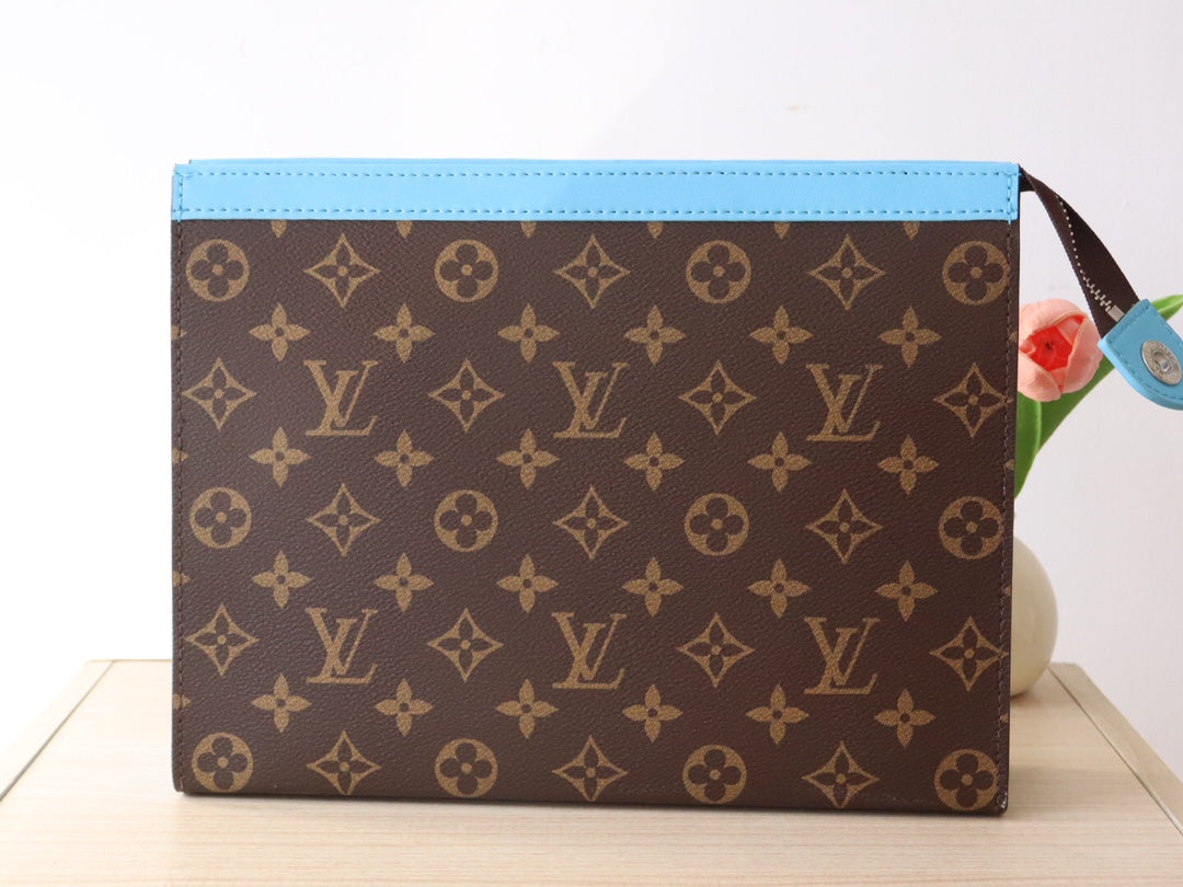 LOUIS VUITTON LV 25S POCHETTE VOYAGE 26 IN GASTON BLUE MONOGRAM MACASSAR COATED CANVAS