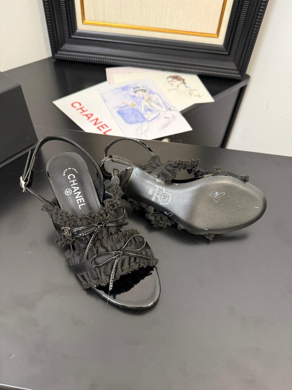 CHANEL BLACK GROSGRAIN CANVAS BOW SLINGBACK SANDALS 65 MM