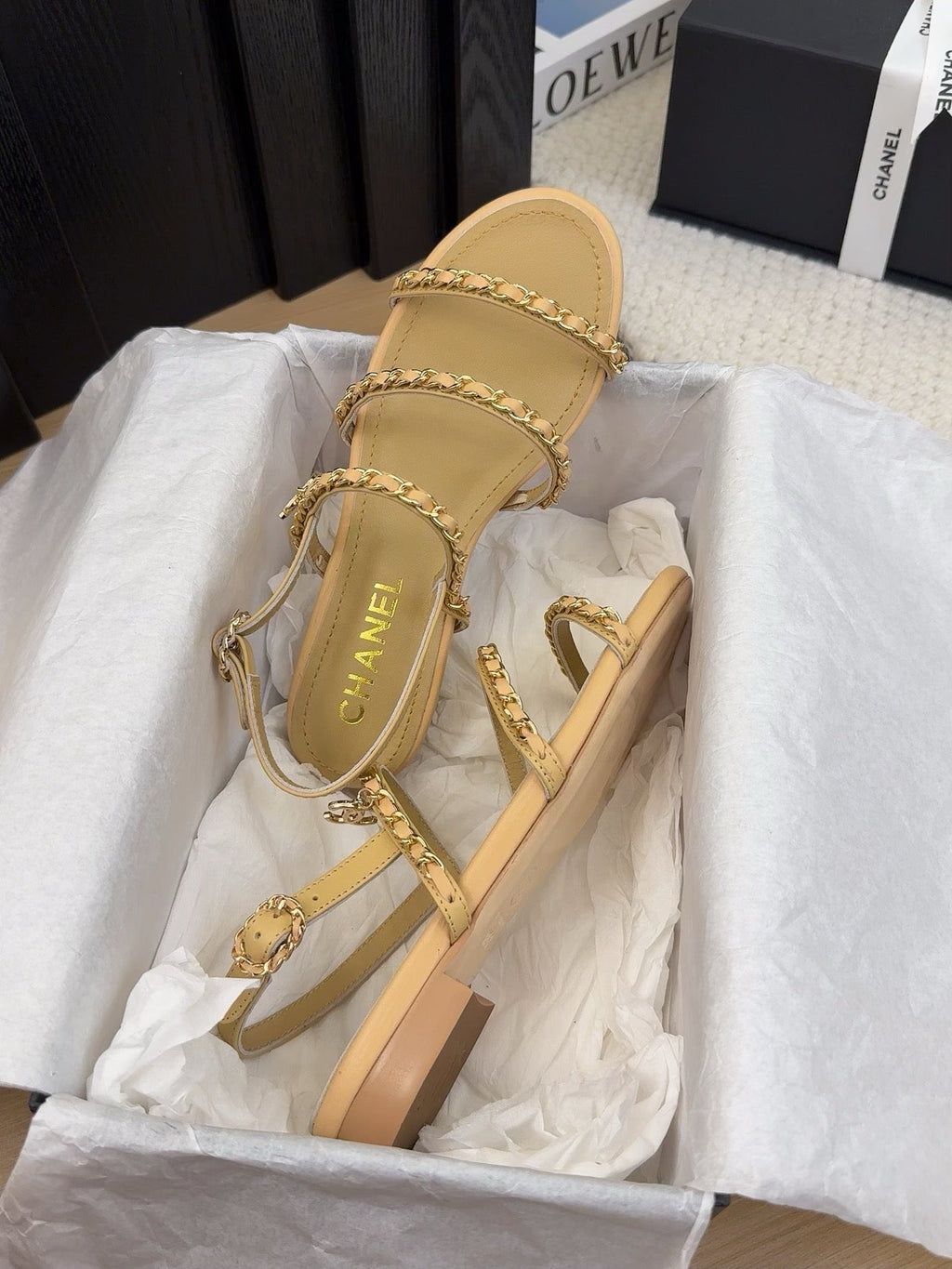 CHANEL THREE-STRAPS SANDALS IN SAND YELLOW CALFSKIN WITH GOLD HARDWARE