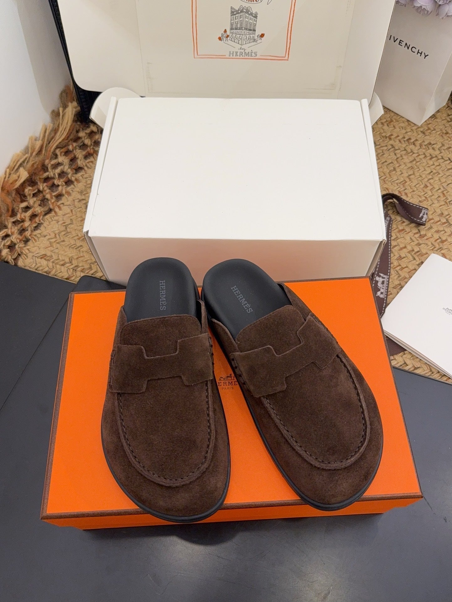 HERMES 25S MULE IN DARK BROWN SUEDE
