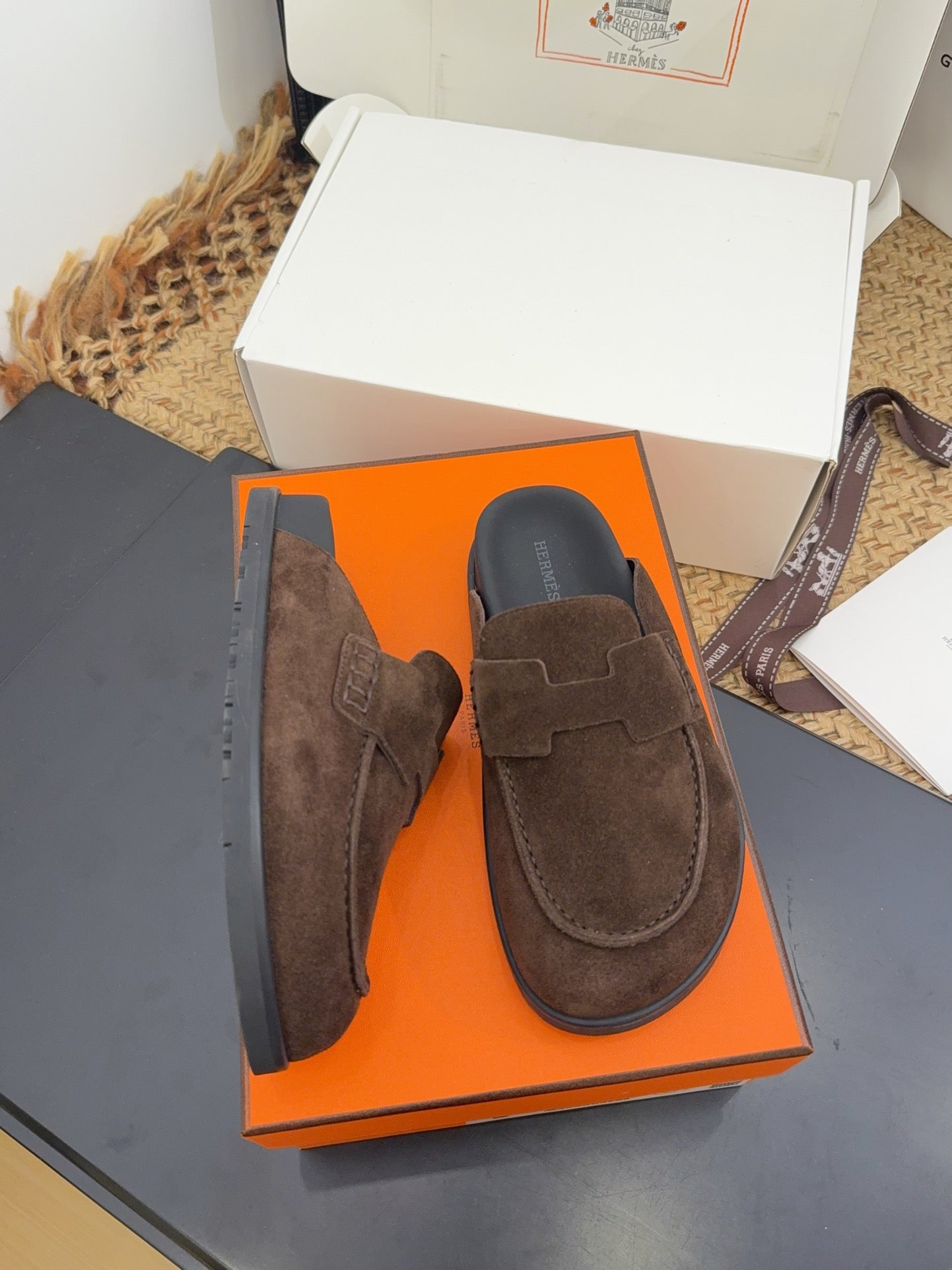 HERMES 25S MULE IN DARK BROWN SUEDE