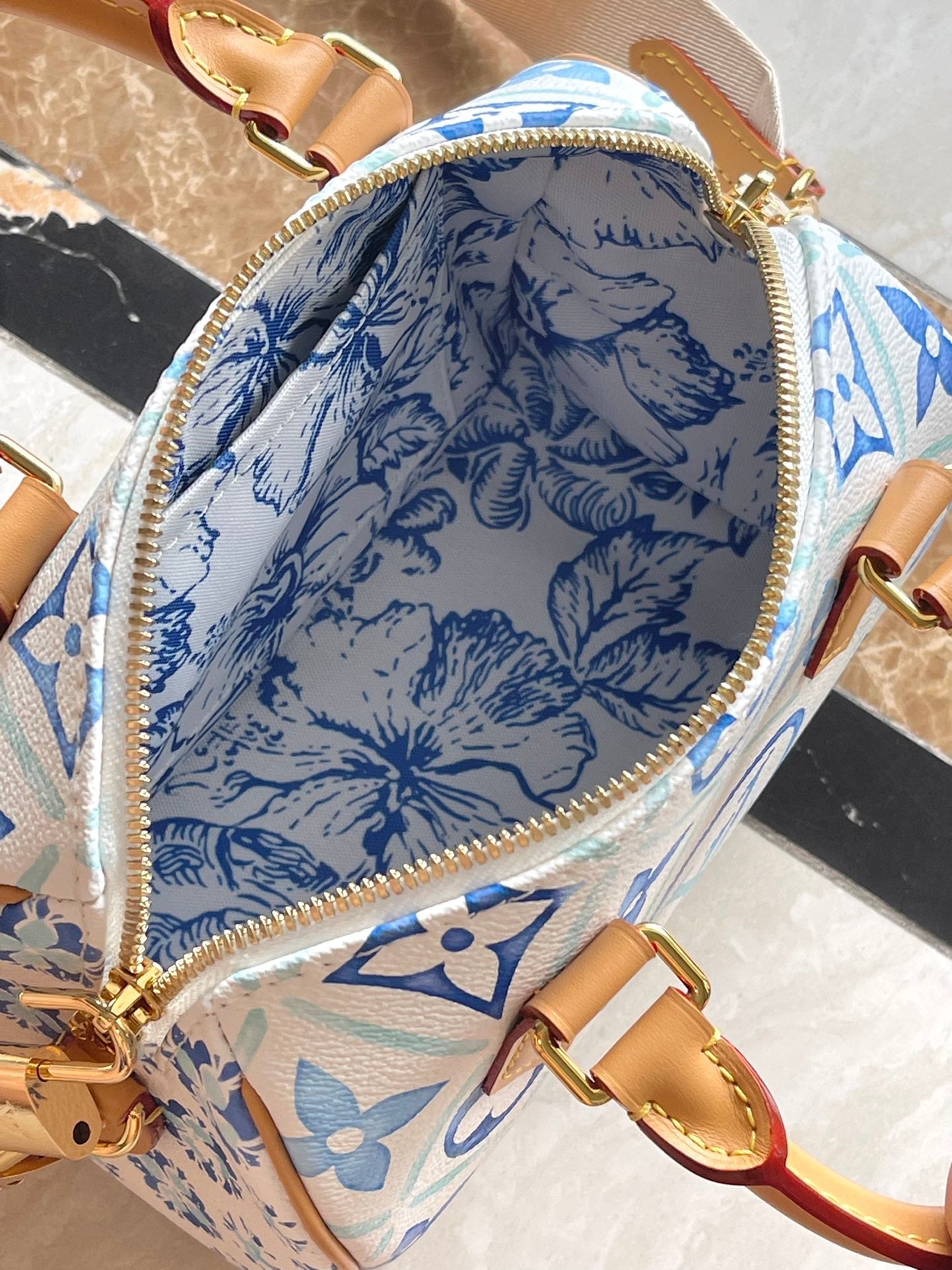 LOUIS VUITTON SPEEDY BANDOULIÈRE 20 IN LAGOON BLUE MONOGRAM TILES CANVAS GOLD BUCKLE