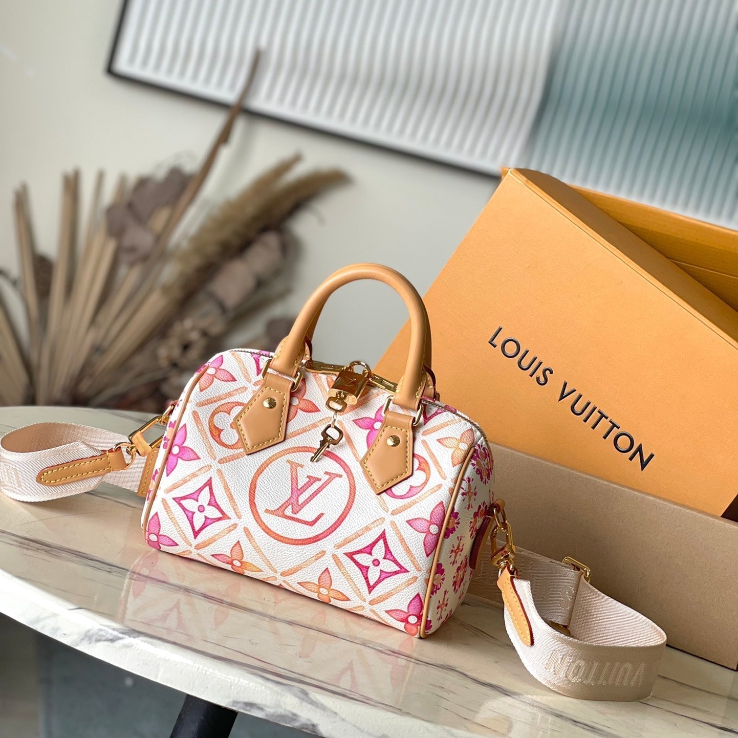 LOUIS VUITTON SPEEDY BANDOULIÈRE 20 IN CORAL MONOGRAM TILES CANVAS GOLD BUCKLE