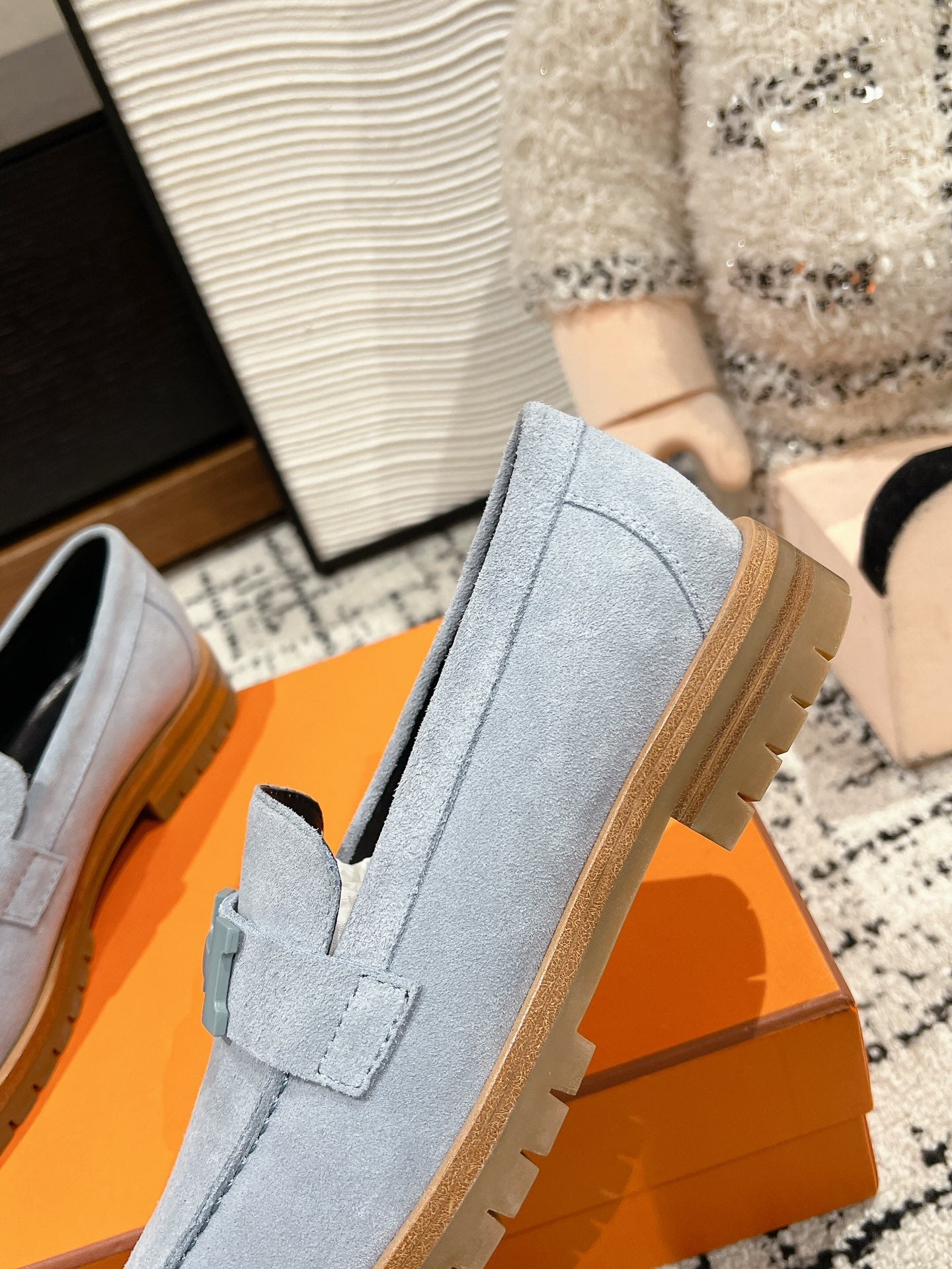 HERMES PARIS LOAFER IN BLUE SUEDE BLUE HARDWARE