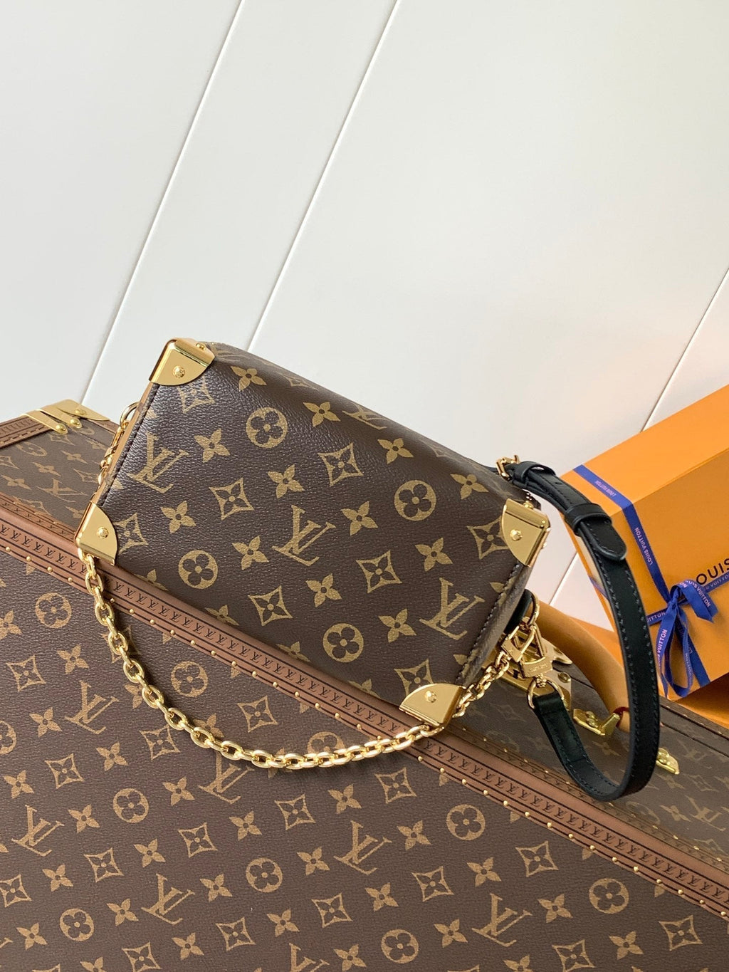 LOUIS VUITTON SPEEDY TRUNK BAG 20 IN BROWN MONOGRAM COATED CANVAS AND BLACK CALFSKIN