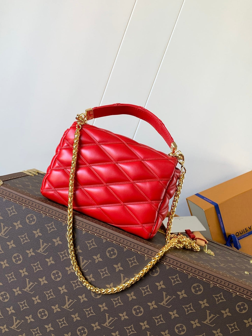 LOUIS VUITTON LV 25S GO-14 MM 23 IN CRIMSON RED QUILTED LAMBSKIN GOLD HARDWARE