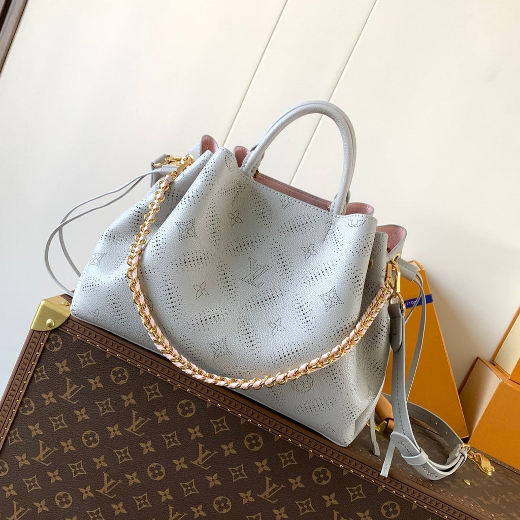 LOUIS VUITTON LV 25S BELLA TOTE BAG 32 IN PINK GREY PERFORATED MAHINA CALFSKIN