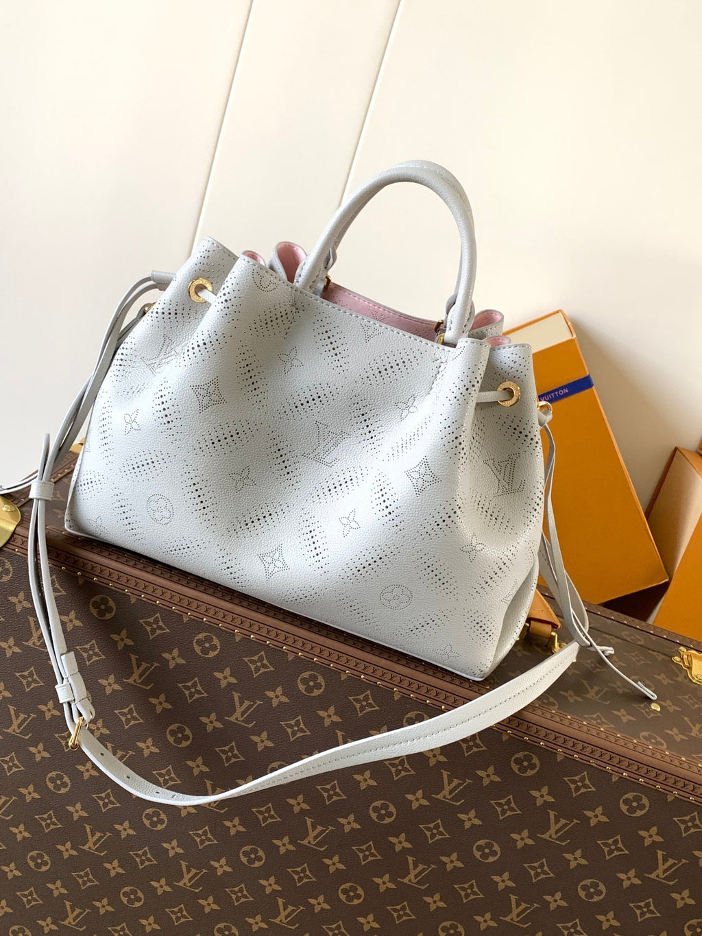 LOUIS VUITTON LV 25S BELLA TOTE BAG 32 IN PINK GREY PERFORATED MAHINA CALFSKIN