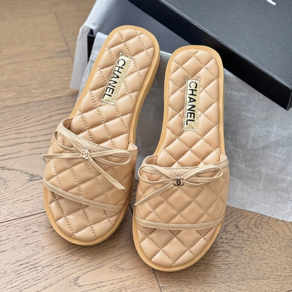 CHANEL Double C  New Butterfly Button Slippers Yellow Cream Lambskin