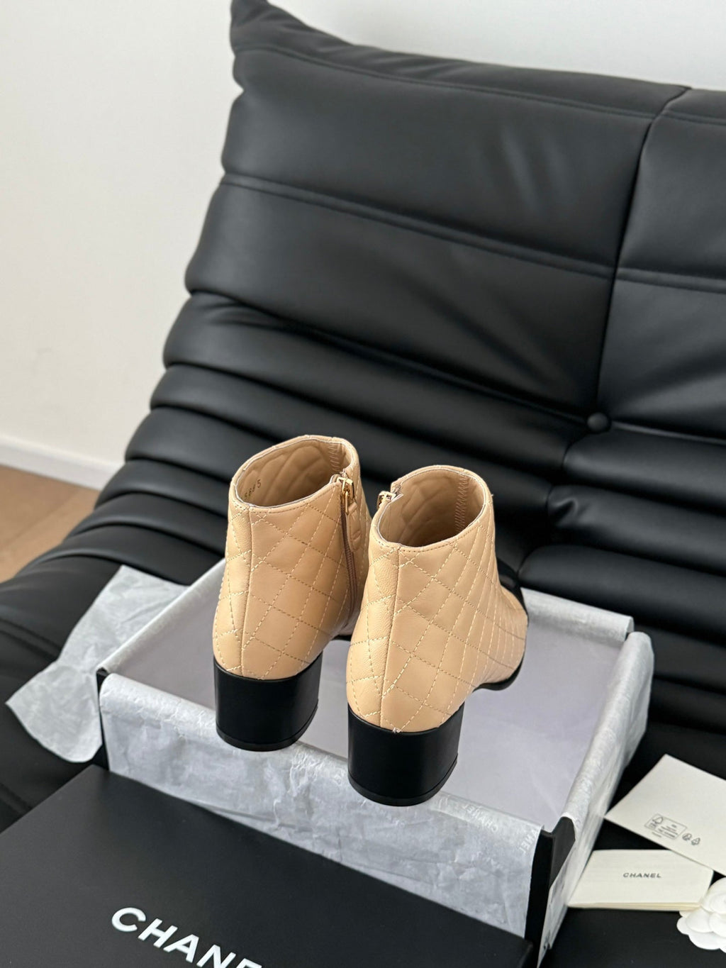 CHANEL SHORT BOOTS 65 MM IN SEPIA BEIGE MIX BLACK QUILTED PATTERN LAMBSKIN