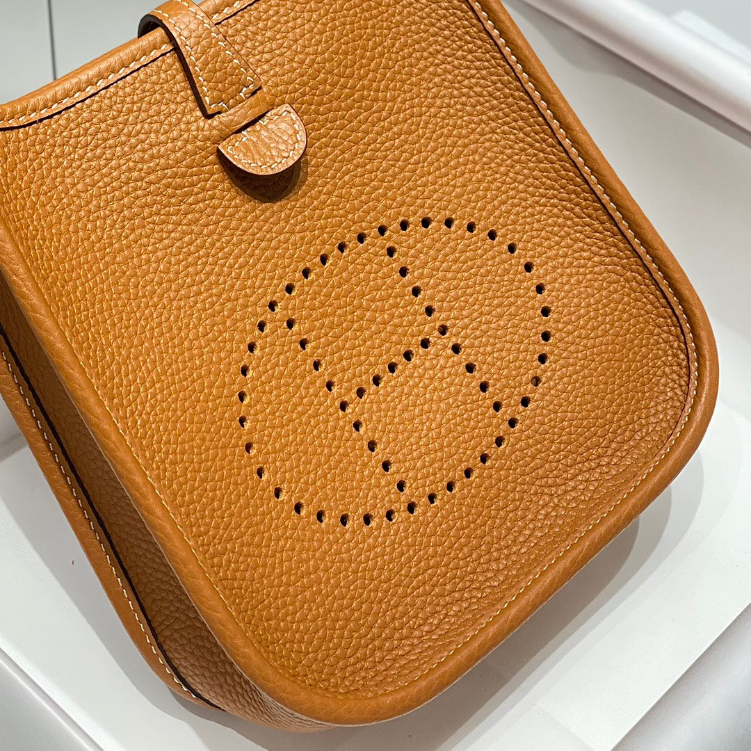 HERMES MINI NEO 18 EVELYNE BAG IN TAWNY BROWN GRAINED CALFSKIN