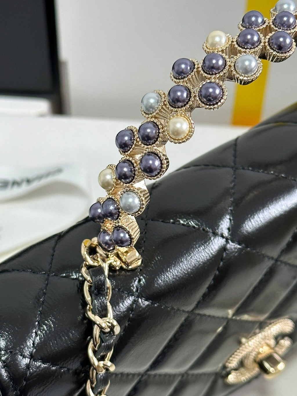 CHANEL PEARL HANDLE FLAP BAG 18 IN BLACK SHINY LAMBSKIN