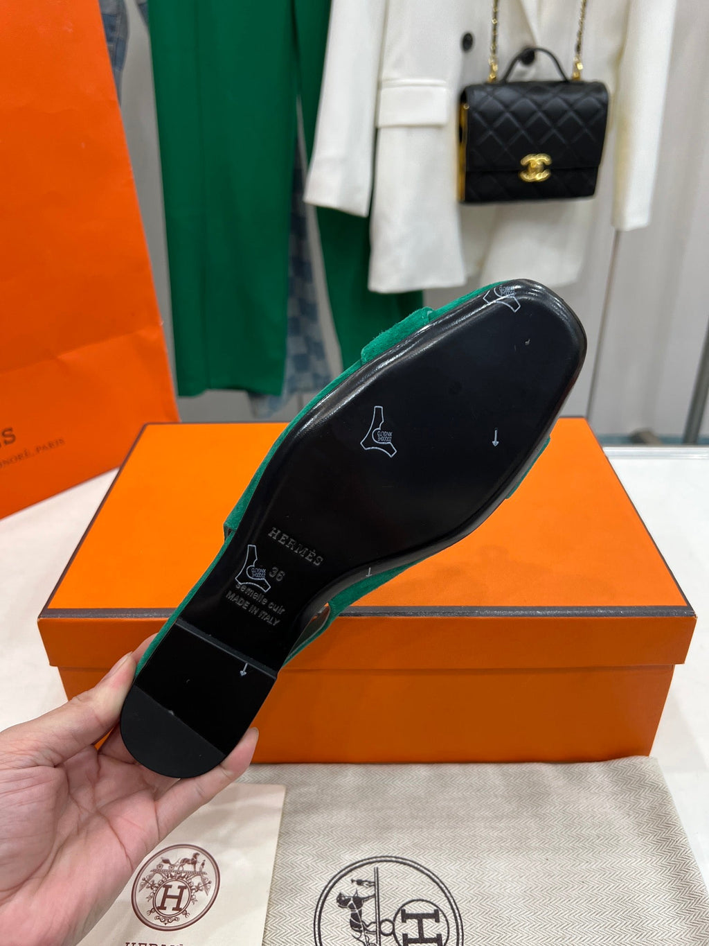 HERMES INNOCENTE SLINGBACK CASTLETON GREEN SUEDE
