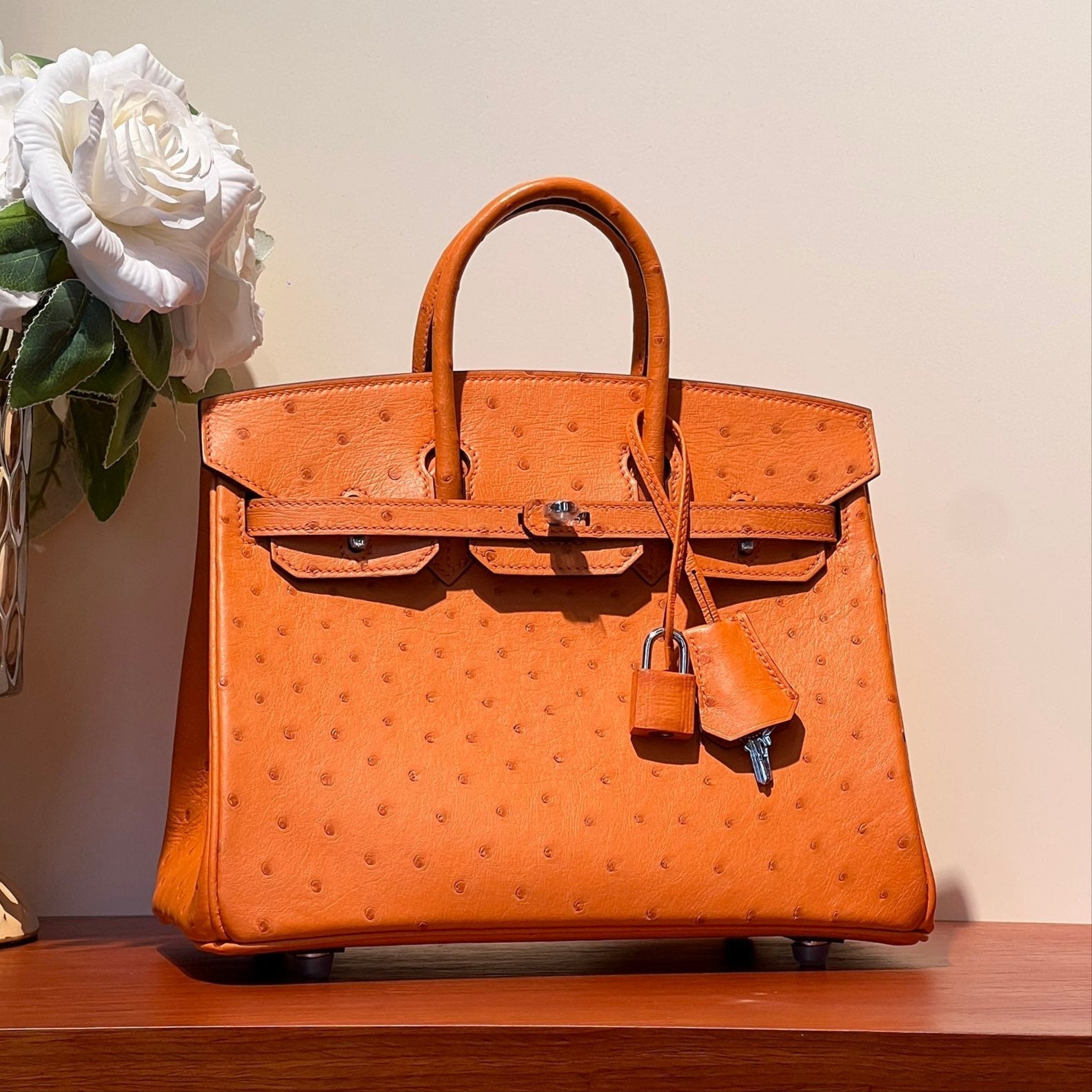 HERMES KELLY SELLIER 25 BAG IN FIRE ORANGE OSTRICH LEATHER WITH SILVER HARDWARE